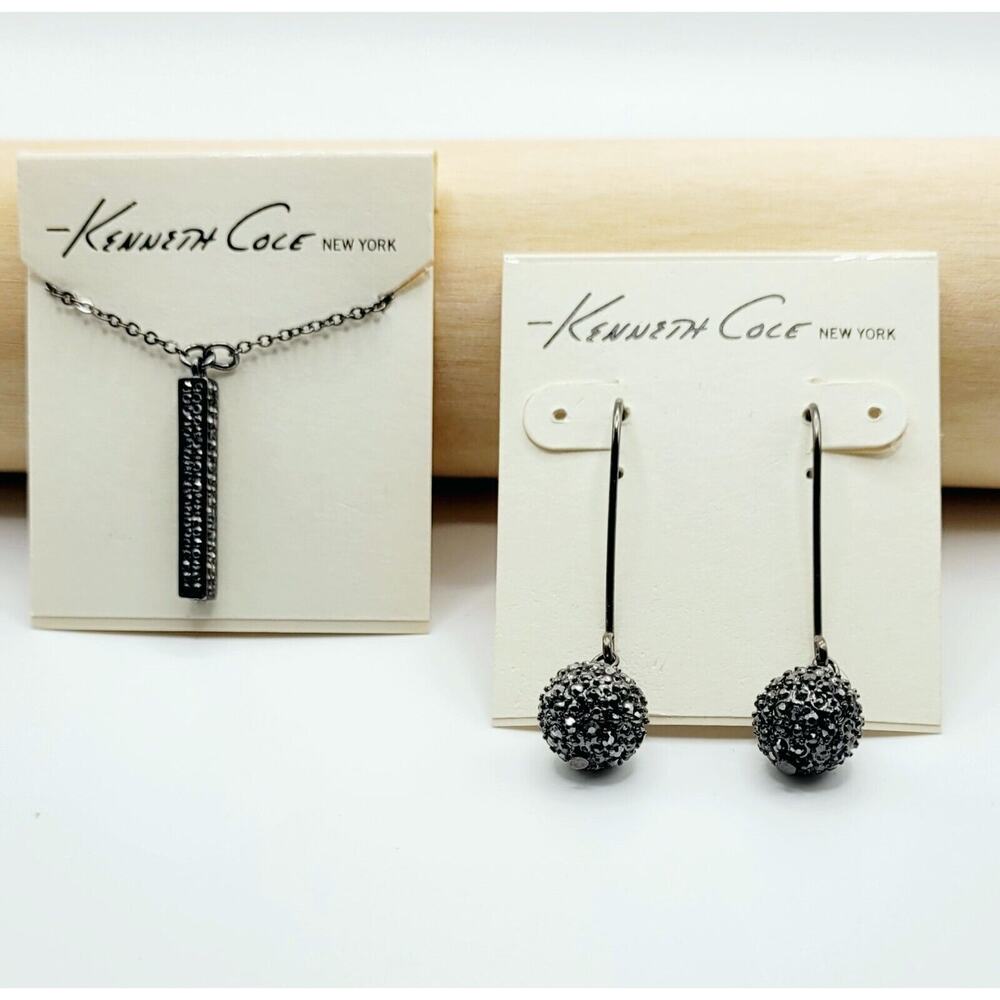 KENNETH COLE Hermatite Tone w/Cut Crystals Necklace & Earrings SET-- NEW!